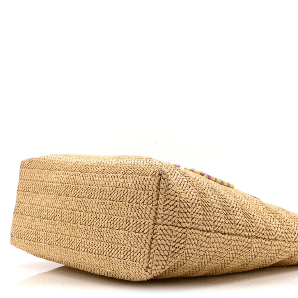 Raffia Woven Logo Patch Medium Tote Bag Natural Brown Multicolor