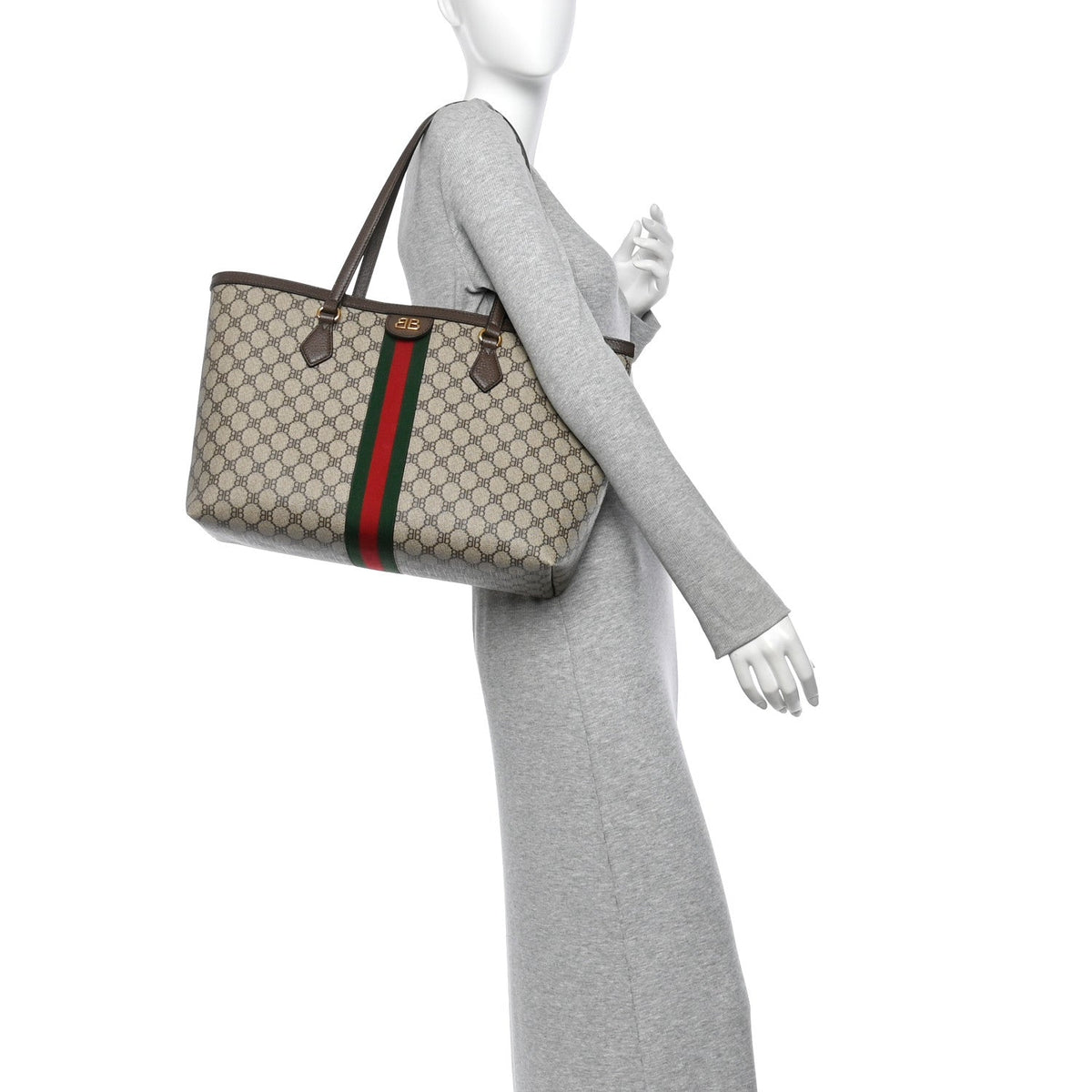 X BALENCIAGA BB Supreme Monogram Web Medium Ophidia Shopping Tote Beige New Acero