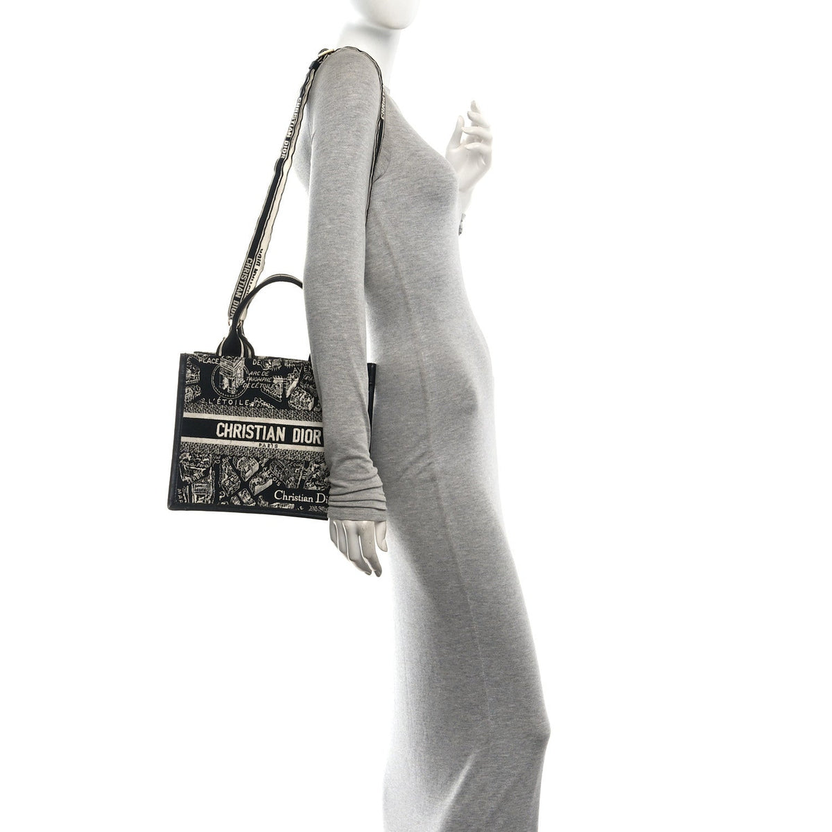 Canvas Calfskin Embroidered Small Plan De Paris Book Tote With Strap Black White