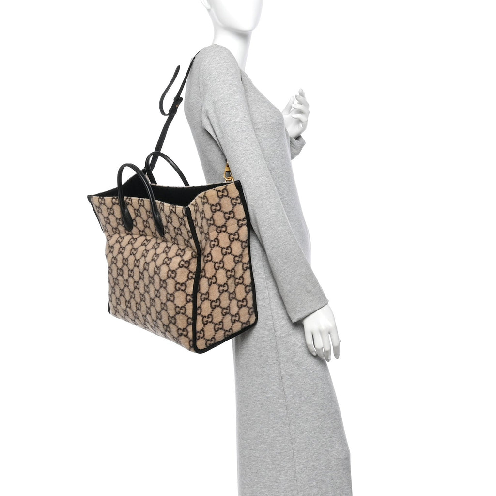 Covered Wool GG Monogram Large Tote Bag Beige Ebony