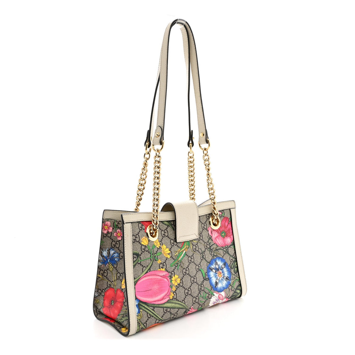 GG Supreme Monogram Flora Textured Calfskin Small Padlock Tote Beige Ebony Multicolor Mystic White