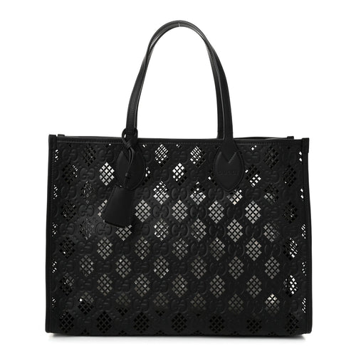 Calfskin GG Monogram Diamond Cut Medium Ophidia Tote Bag Black