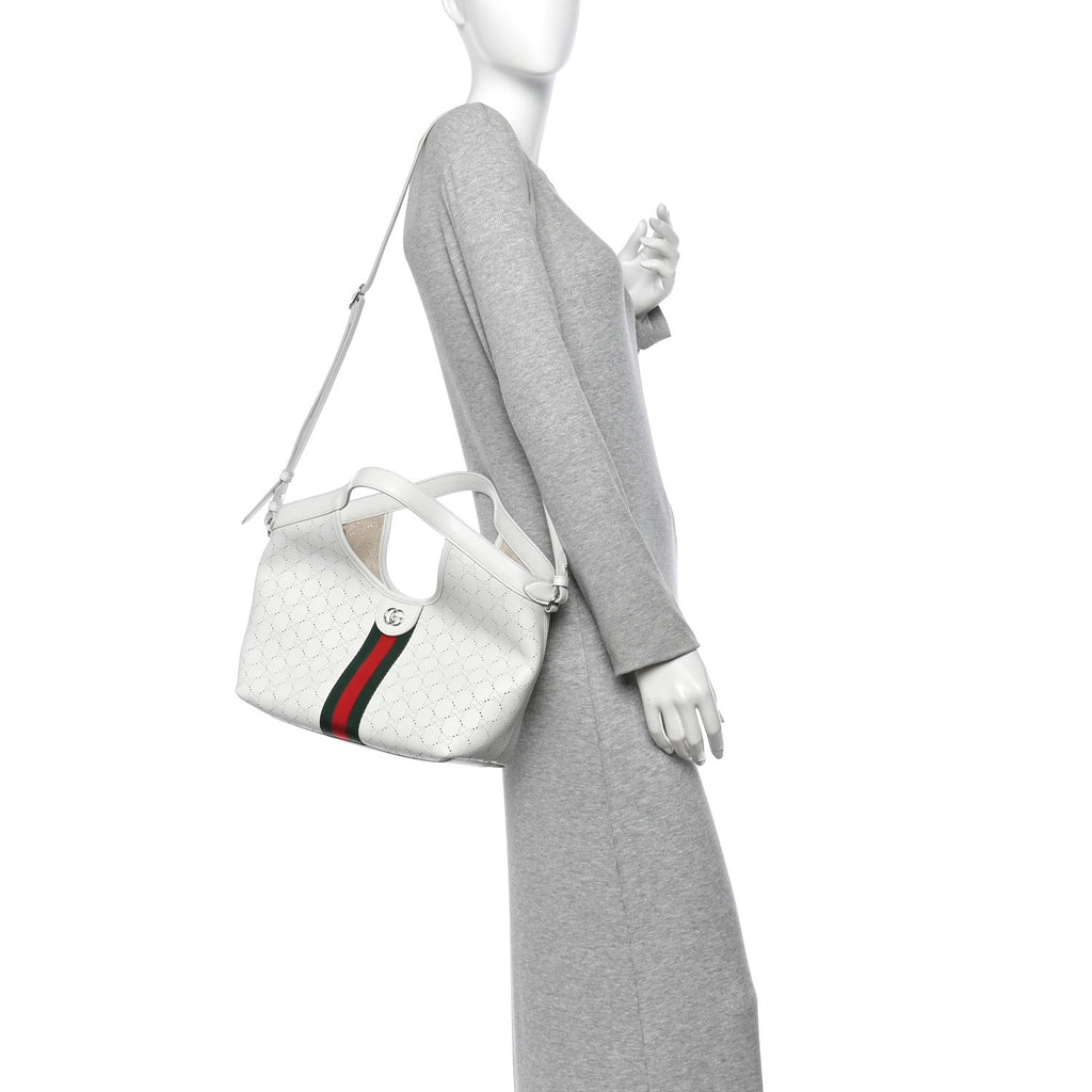 Calfskin Perforated GG Web Small Giglio Tote White
