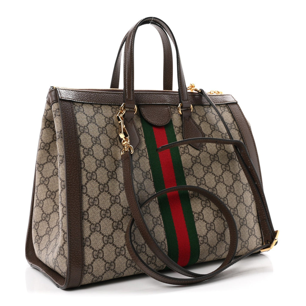 GG Supreme Monogram Web Medium Ophidia Tote Bag Brown