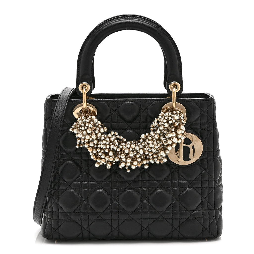 Lambskin Cannage Medium Pearl Lady Dior Black