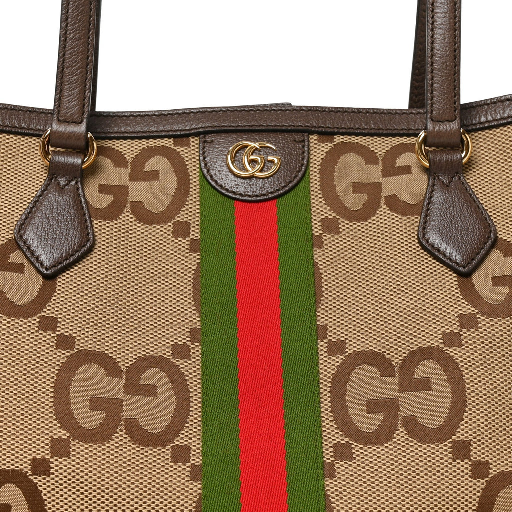 Monogram Jumbo GG Textured Dollar Calfskin Web Medium Ophidia Shopping Tote Camel Ebony