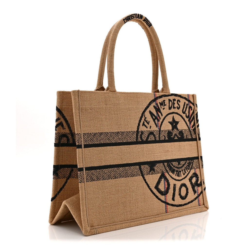 Canvas Jute Embroidered Medium Book Tote Black Beige