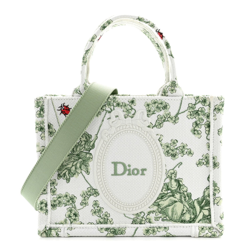 Cotton Toile De Jouy Clover Embroidered Dior Medaillon Mini Book Tote With Strap Verde Multicolor