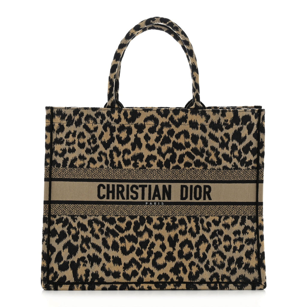 Canvas Mizza Embroidered Large Leopard Book Tote Beige