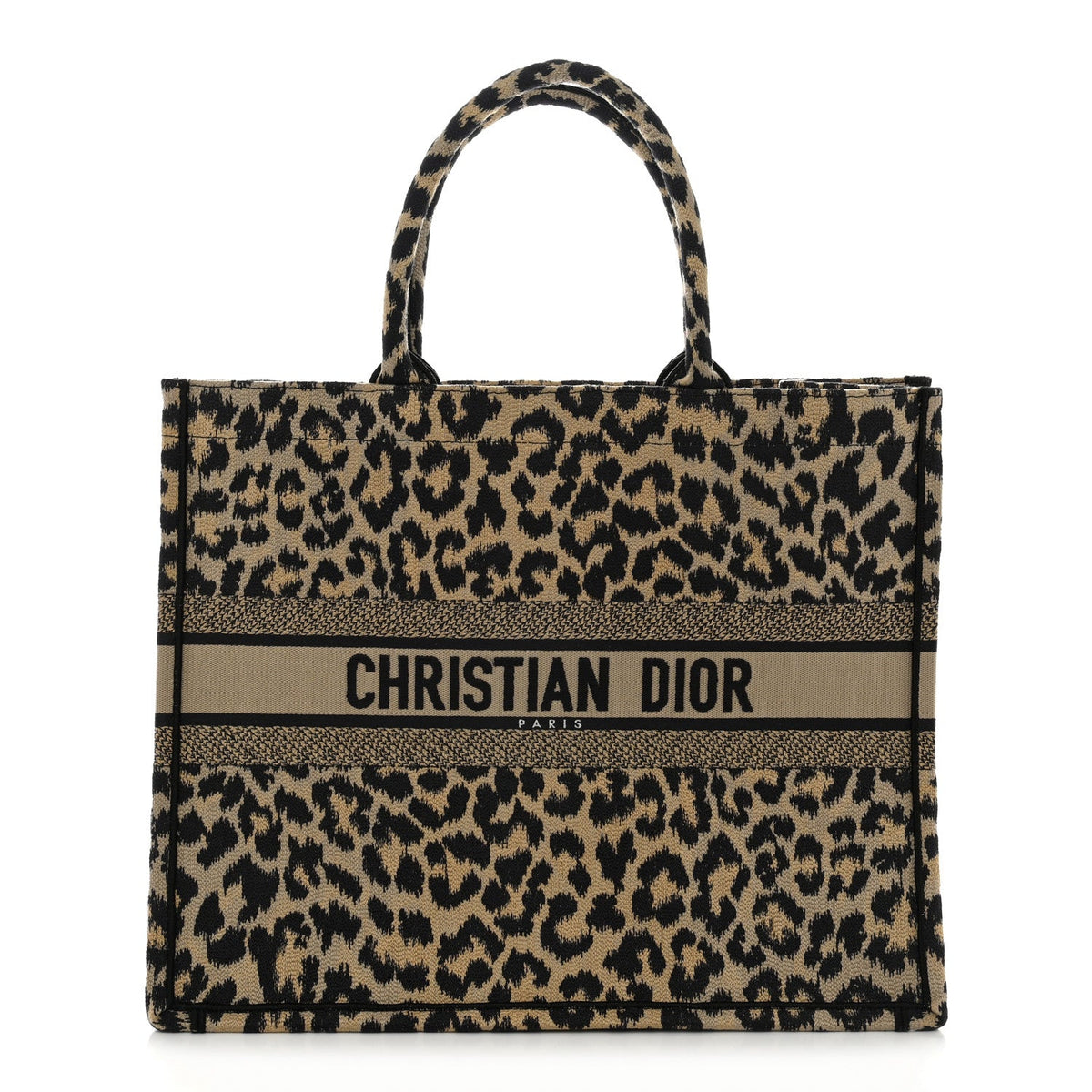 Canvas Mizza Embroidered Large Leopard Book Tote Beige