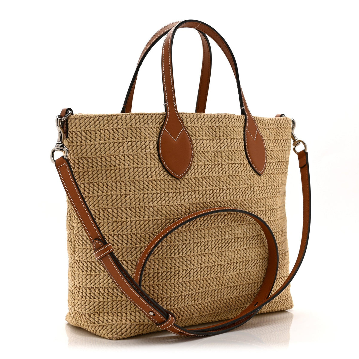 Raffia Woven Logo Patch Medium Tote Bag Natural Brown Multicolor