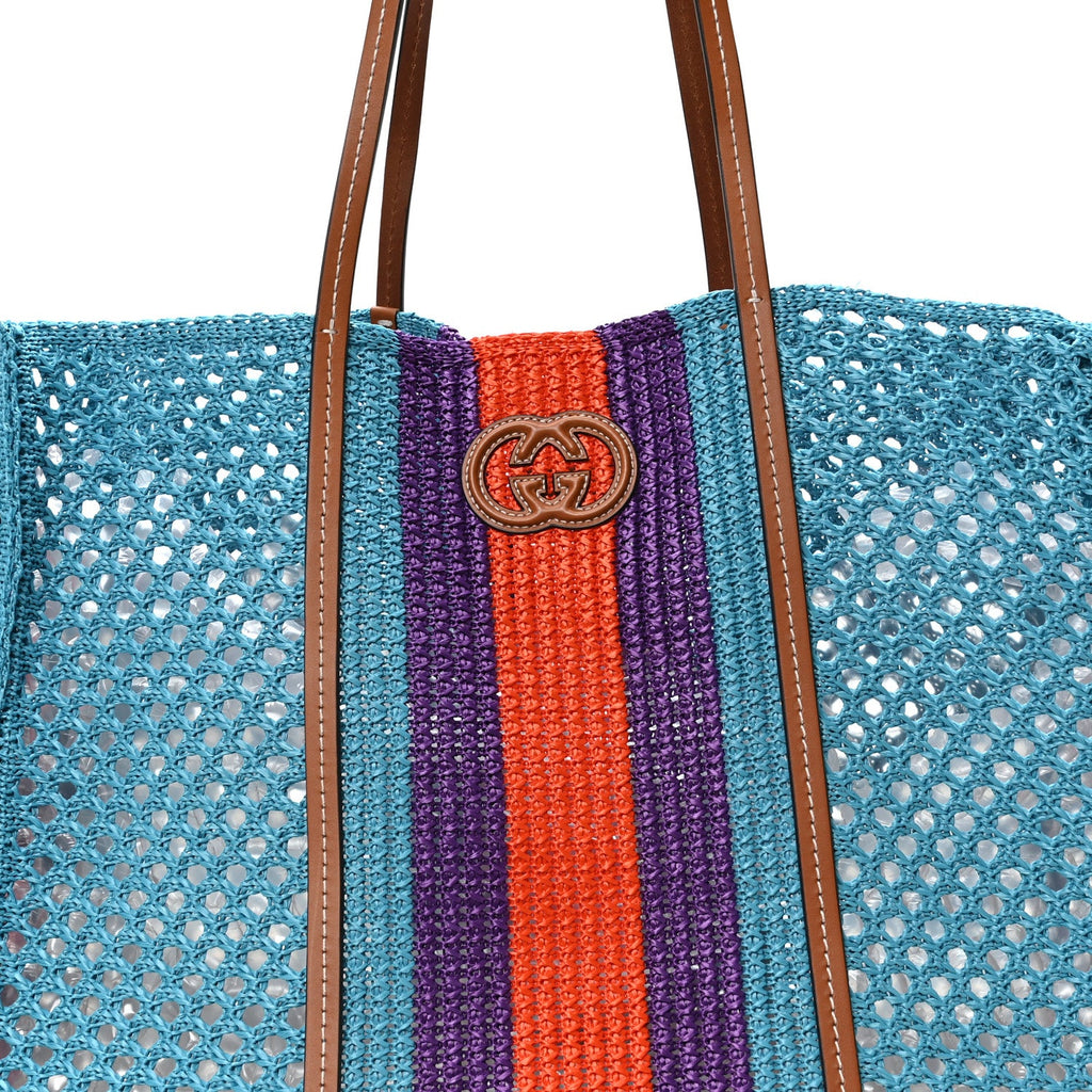 Raffia Web Woven Interlocking G Tote Blue Multicolor