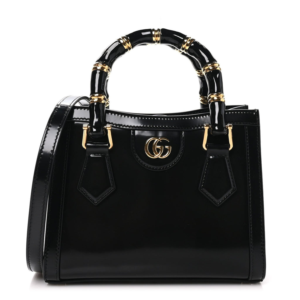 Shiny Polished Calfskin Small Diana Tote Bag Black