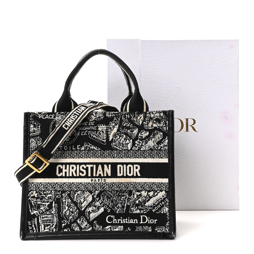 Canvas Calfskin Embroidered Small Plan De Paris Book Tote With Strap Black White
