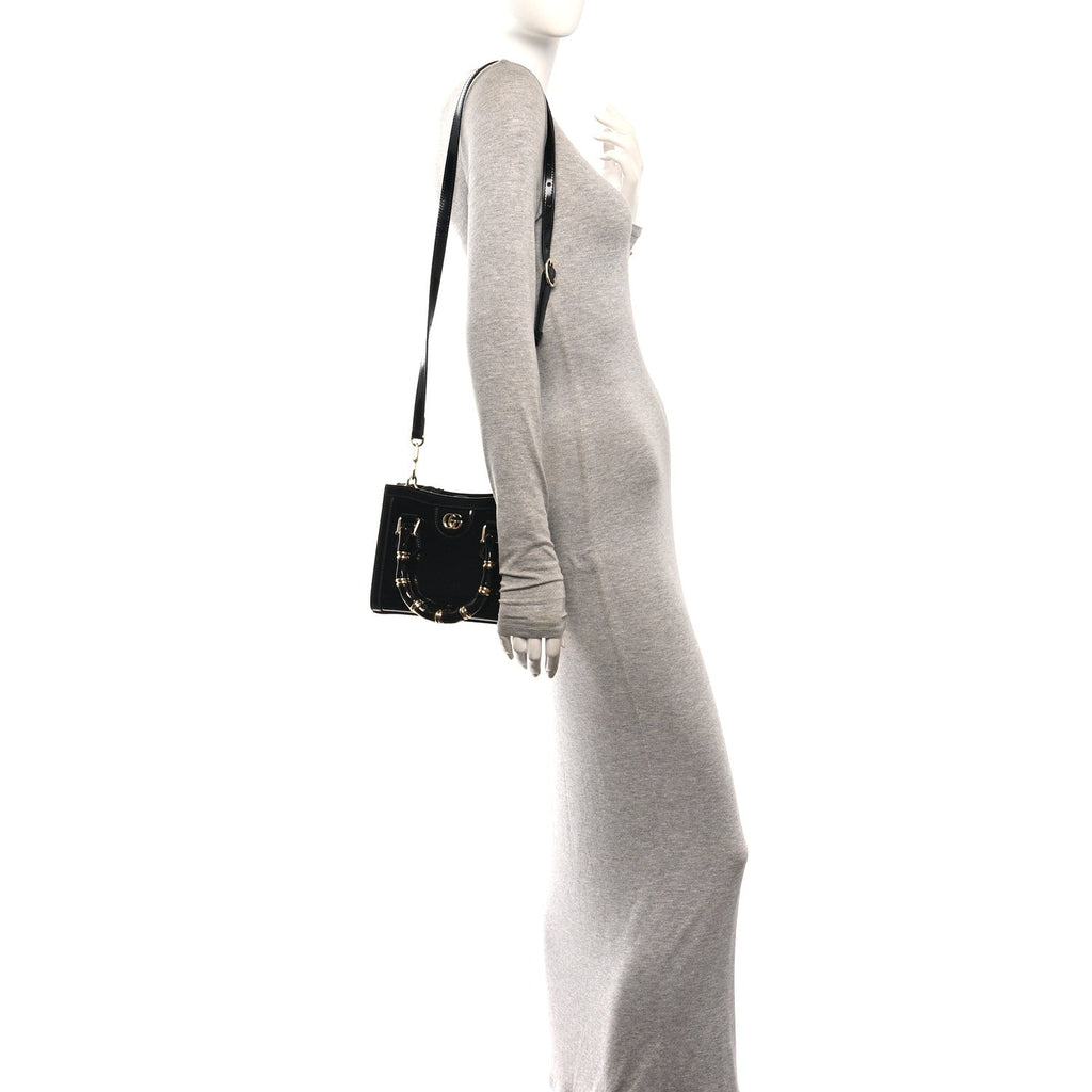 Shiny Polished Calfskin Small Diana Tote Bag Black