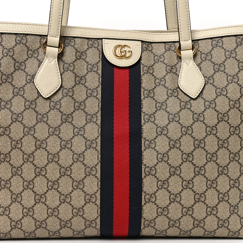 GG Supreme Monogram Textured Dollar Calfskin Web Medium Ophidia Shopping Tote Beige Ebony Mystic White