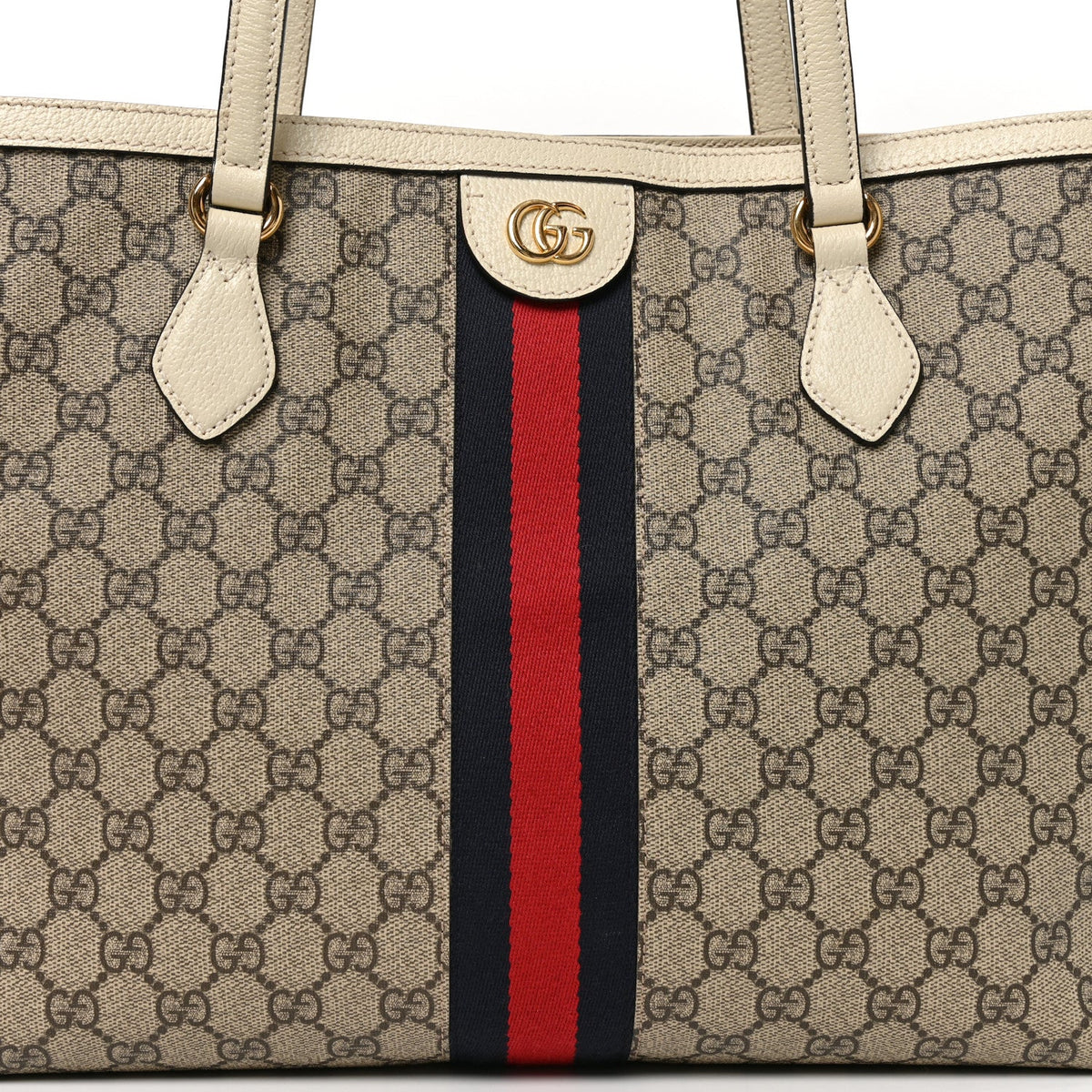 GG Supreme Monogram Textured Dollar Calfskin Web Medium Ophidia Shopping Tote Beige Ebony Mystic White