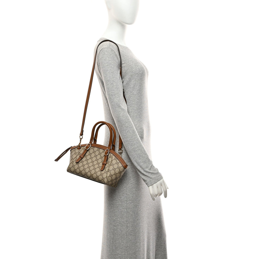 GG Supreme Monogram Emblem Small Top Handle Tote Bag Beige Dark Brown